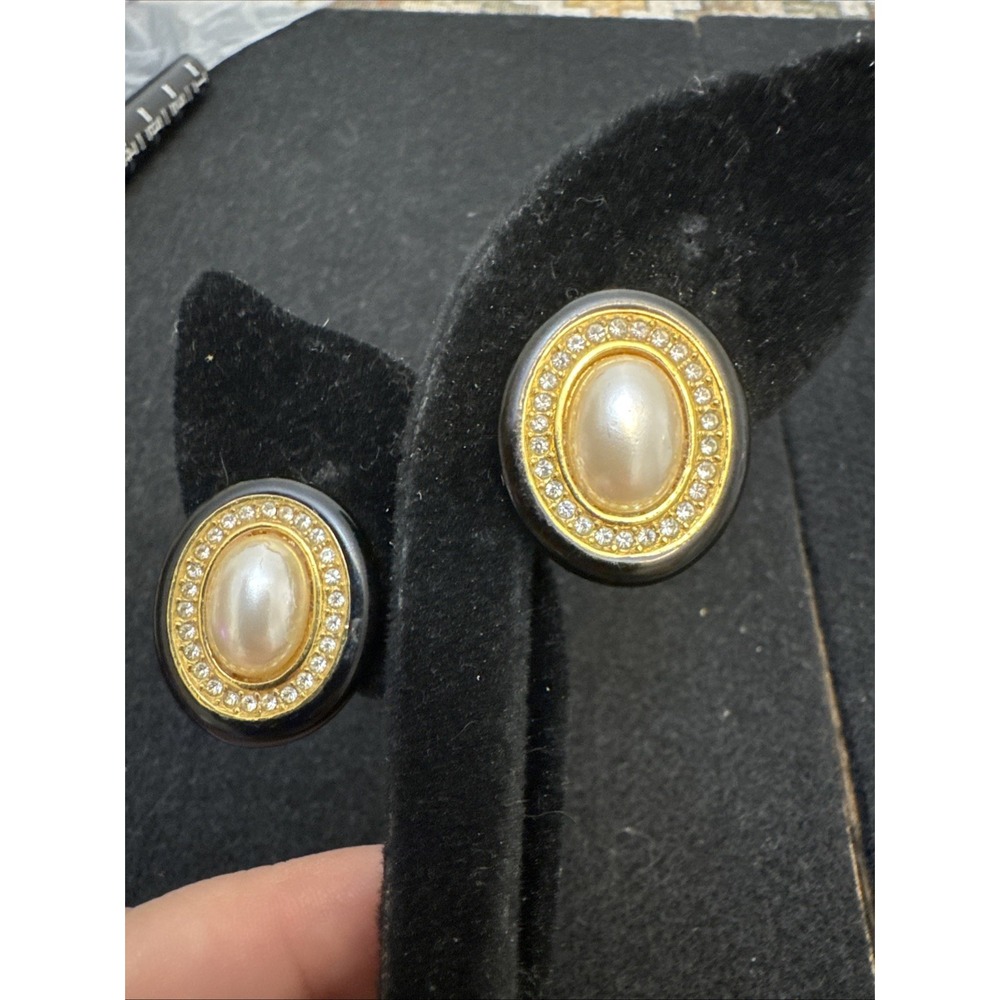 Christian Dior Vintage Black Enamel Iridescent Faux Pearl Rhinestone Earrings